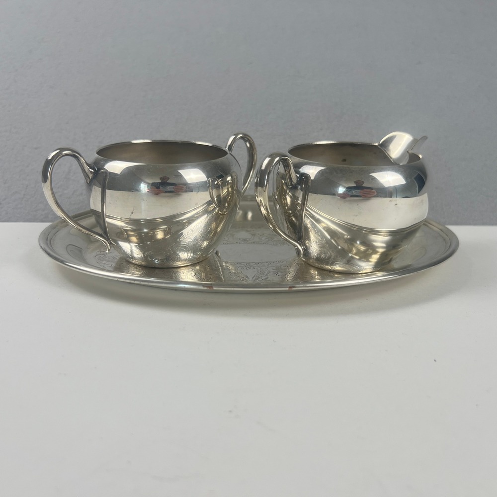 National Academy Silver Creamer Sugar Set Tray Vintage Silver on Copper Ornate